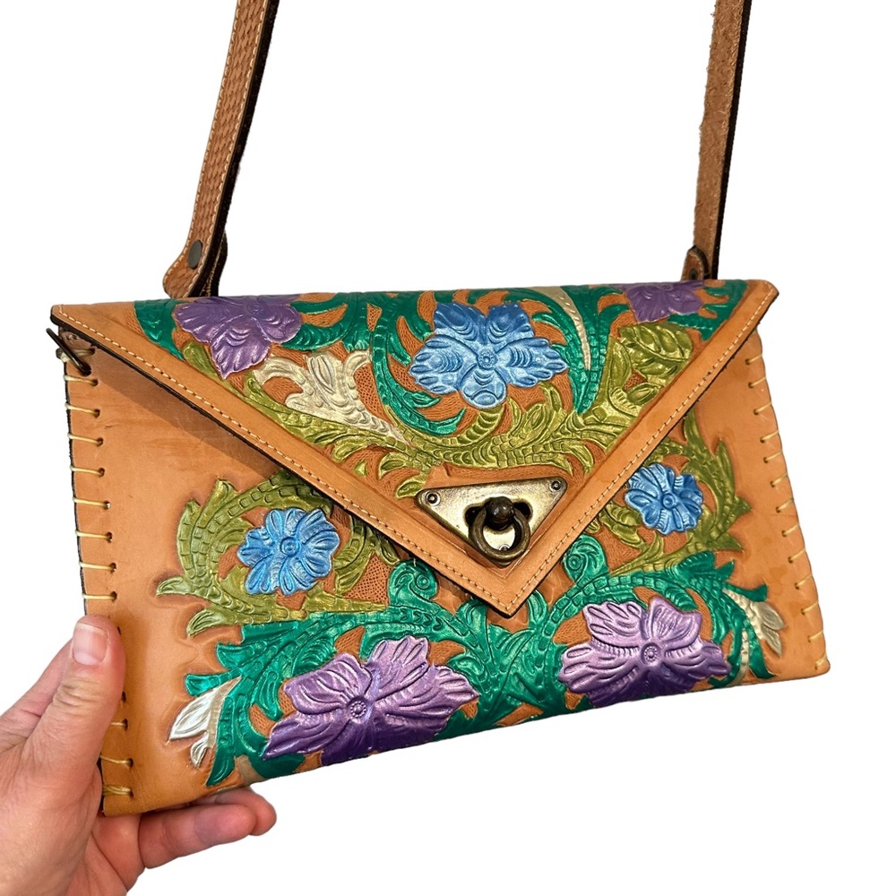 Colorful Hand Tooled Leather Crossbody